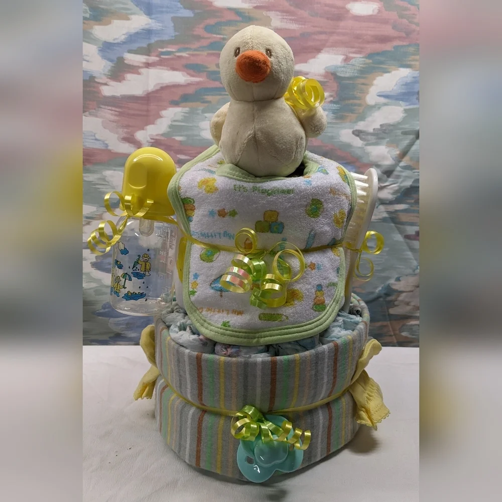 Neutral Two-tier Duck Diaper Cake, Baby Shower Gift, Centerpiece